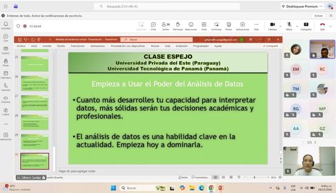 Diapositiva de la clase espejo entre la Universidad Privada del Este y la UTP sobre análisis de datos y estadística. 