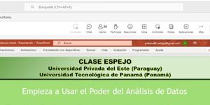Diapositiva de la clase espejo entre la Universidad Privada del Este y la UTP sobre análisis de datos y estadística. 